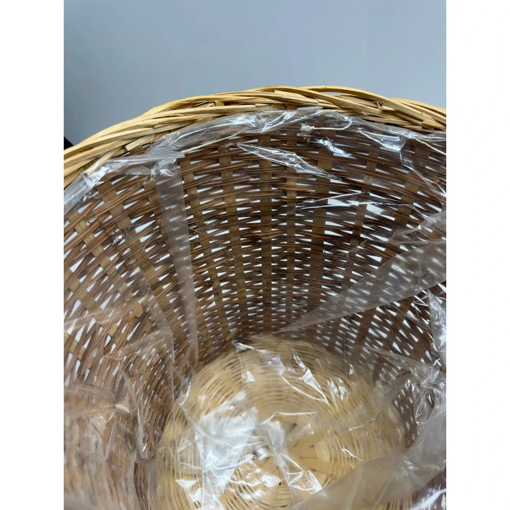 Woven Wicker Wastebasket Planter Two Tone Brown Tan Round Basket with Liner 10in